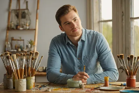 Young artist sitting at a paint-splattered table with brushes and paint jars in a sunlit studio.