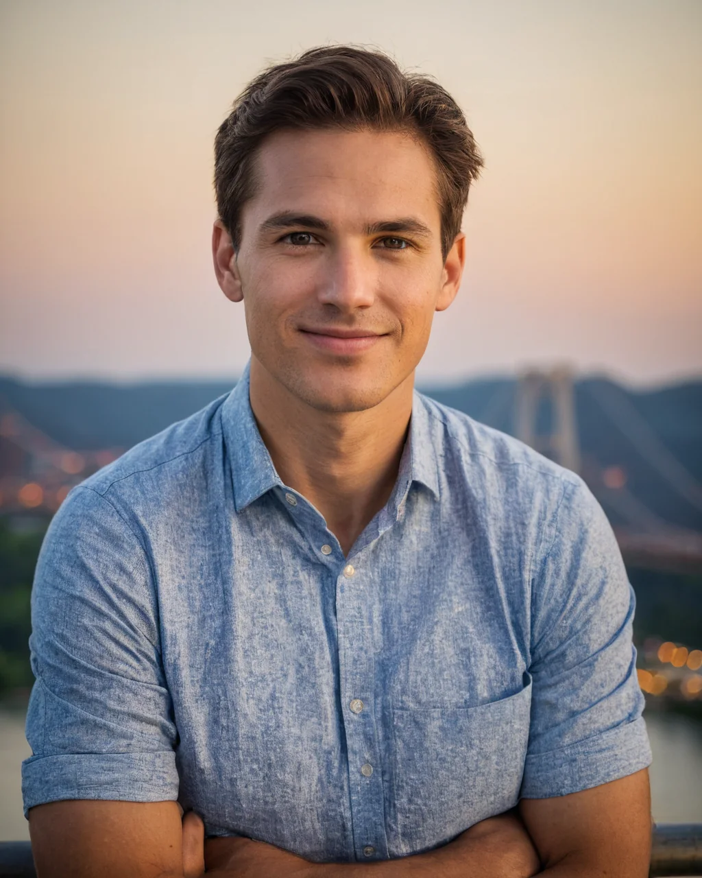 Young man in blue shirt smiling at camera with bridge and city lights in background at sunset
