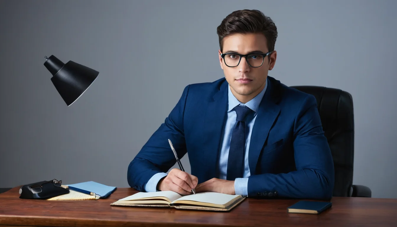Young man in blue suit writing in notebook at wooden desk with floating black lamp