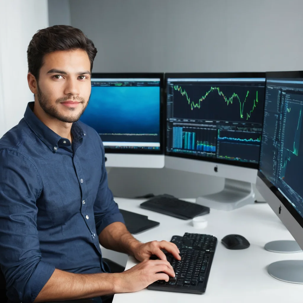 Young man typing on keyboard at desk with three monitors showing financial data and charts.