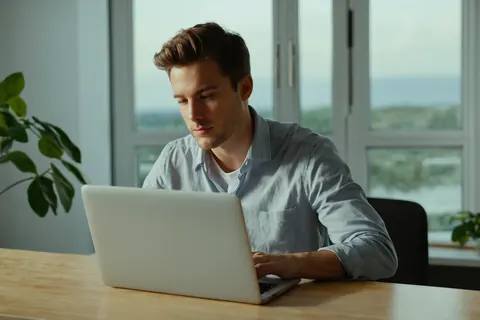 Young man working on laptop at wooden desk by window with natural light